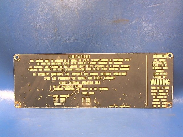 35669-134 Piper - Placard - Operation Limitations Knots