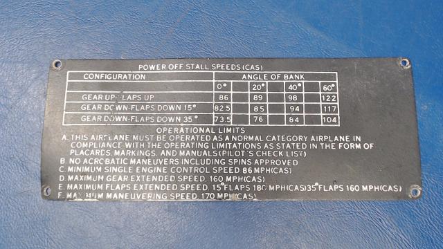 0813645-16 Cessna - Placard-Operational Limits