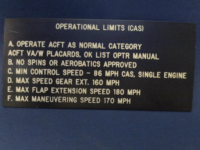 NPN Cessna - PLACARD-OPERATIONAL LIMITS