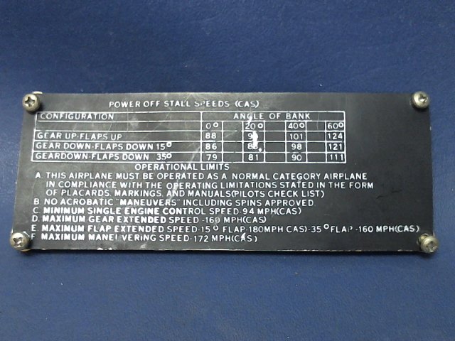 0813645-16 Cessna - PLACARD-OPERATIONAL LIMITS
